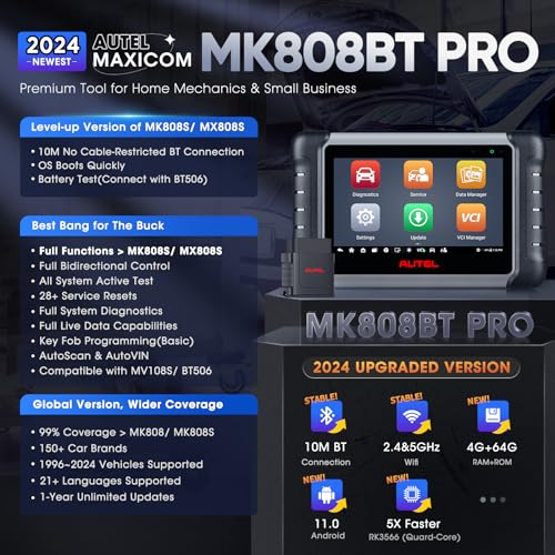 Autel MaxiCOM MK808BT Pro: 2024 Bidireccional Completo, Nivel Superior de MK808 MK808S MX808, 4G+64G 2.4G & 5G WiFi, Prueba Activa, Servicio 28+, Diagnóstico Todos Los Sistemas, Soporte BT506