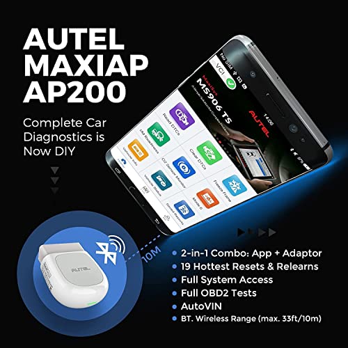 Autel MaxiAP AP200 Dispositivo Bluetooth OBD2 Funciones Reset Aceite EPB (Frenos) BMS (Batería) SAS (Dirección) TPMS (Presión) DPF (Filtro) IMMO (Antirrobo) para Tablet o Smartphone iOS y Android